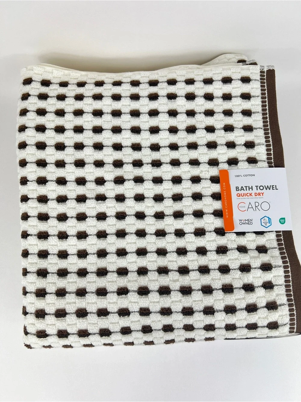 Caro Home Bath Towels White with Brown Check Quick Dry Soft Cotton 2 Pc Set NEW